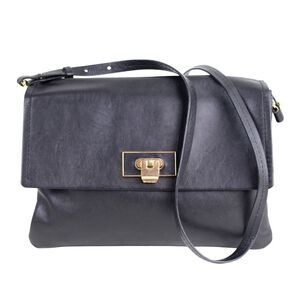 Massimo Dutti BLACK GENUINE LEATHER FLAP THREE COMPARTMENTS X-BODY SHOULDER BAG